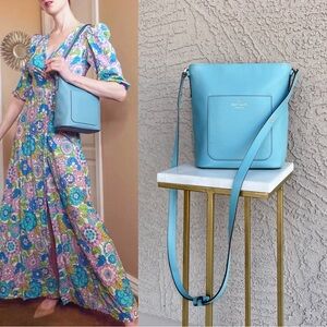 KATE SPADE Robins Egg Blue Leather Elsie Bucket Bag Crossbody Shoulder Tote Bag